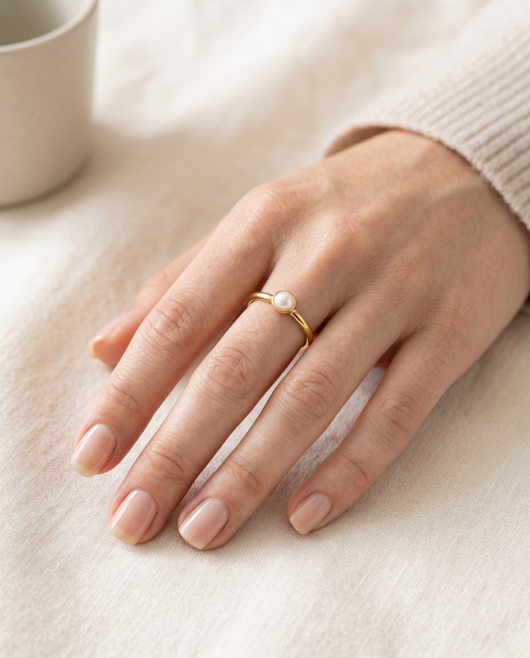 Anillo con Perla puesto en la mano