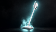 MALLIENA steam mop with glowing steam, dark studio