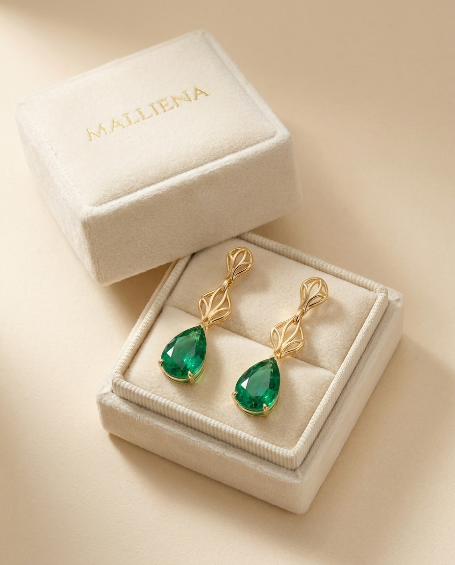 Pendientes Gota Esmeralda en la caja de regalo MALLIENA