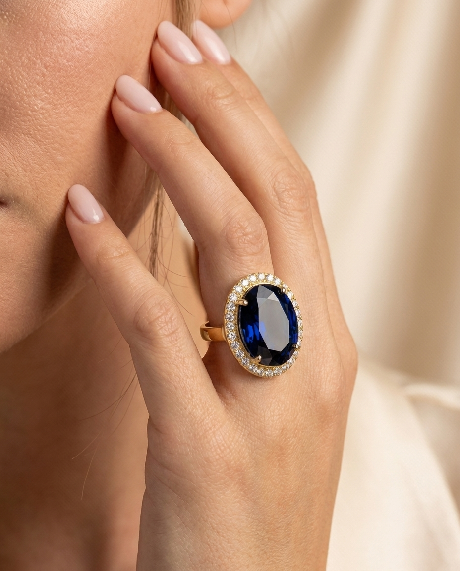 Mujer con Anillo Cóctel Azul MALLIENA