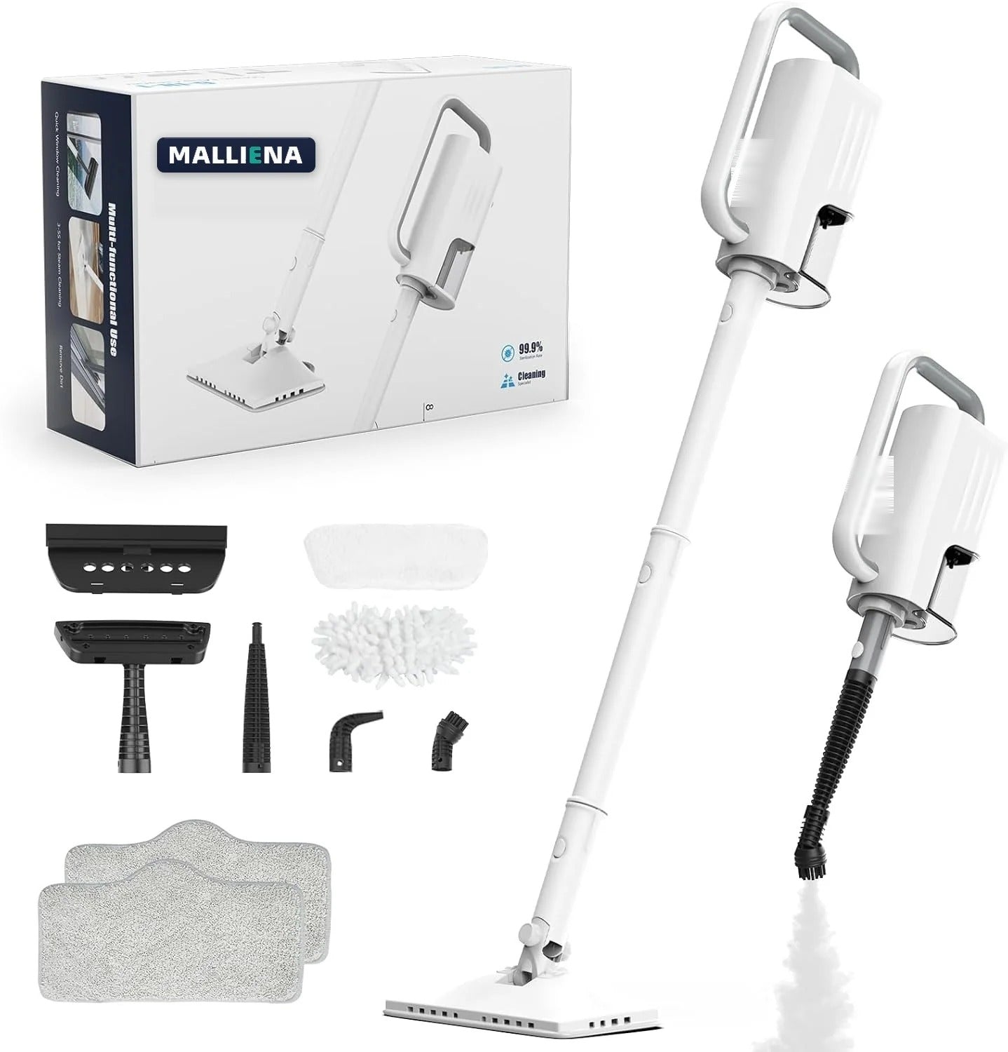 The complete MALLIENA 6-in-1 steam mop set — machine, handheld, MALLIENA retail box and all attachments