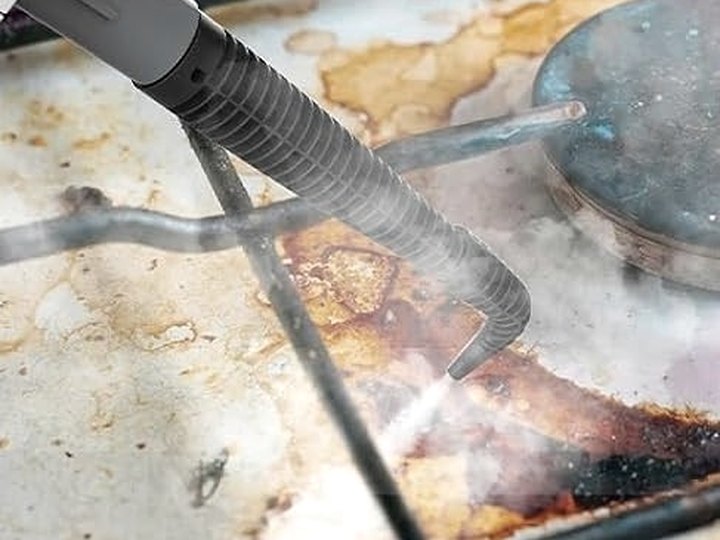 Steam jet degreasing a kitchen stovetop